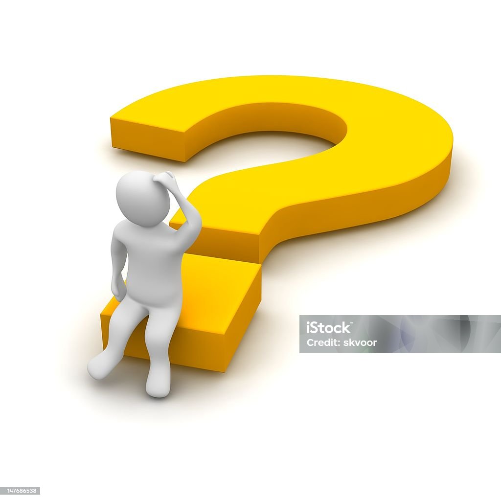 Thinking man and question mark Thinking man and question mark. 3d rendered illustration. Adult Stock Photo