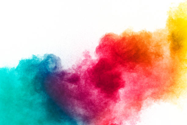 explosión de polvo amarillo rojo y verde sobre fondo blanco. salpicaduras de polvo rojo amarillo y verde. - polvo de color fotografías e imágenes de stock