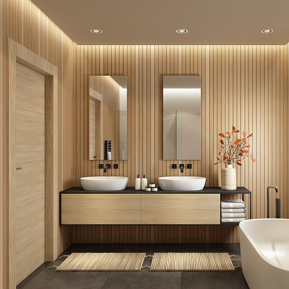 Luxurious bathroom with natural stone tiles and wooden cabinet. Scandinavian bathroom concept. 3d rendering