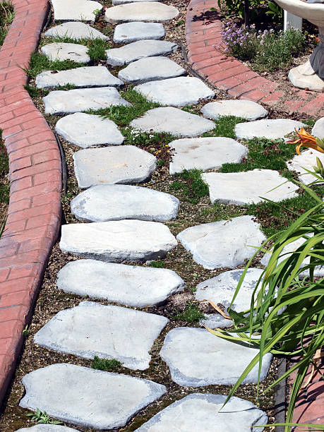 istock Garden path of stepping stones with brick pattern boarder 147687085