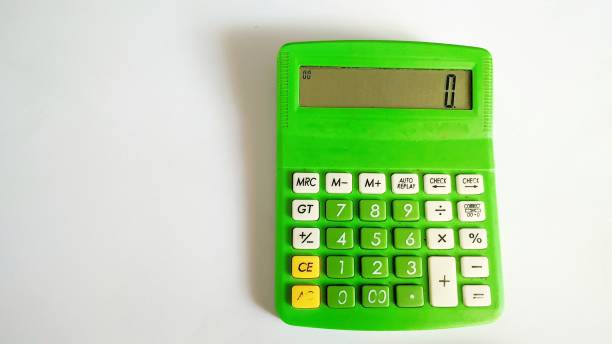 istock Green calculator with zeros showing on the screen isolated on white background. Copy space. 1476874773