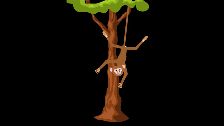 cartoon monkey hanging on tree icon loop Animation video transparent background with alpha channel.