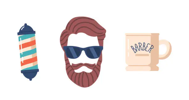 Vector illustration of Barber Shop Items Striped Pole, Mug And Mustached Male Face with Beard and Sunglasses Isolated on White Background