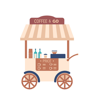 Wheeled Coffee Booth in Retro Style With Apron, Compact, Mobile Design For Outdoor Events And Festivals. Trendy And Convenient Way Of Serving Coffee To Customers On The Go. Cartoon Vector Illustration