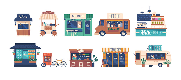 Set of Street Coffee Houses, Booth With Cozy Seating And Wooden Tables. Wheeled Trolley and Truck Offering Coffee, Tea Or Snacks. Cafe Or RestaurantExterior Design Themes. Cartoon Vector Illustration