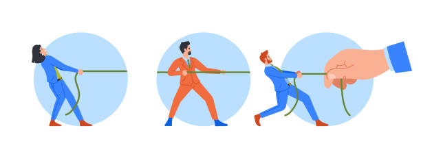istock Business Characters Compete Against Huge Boss In Game Of Tug-of-war or Rope-pulling Match Isolated Round Icons, Avatars 1476889213
