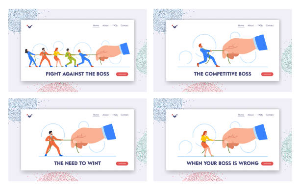 istock Fight against the Boss Landing Page Template Set. Business Characters Competes Against Huge Boss In Game Of Tug-of-war 1476889241