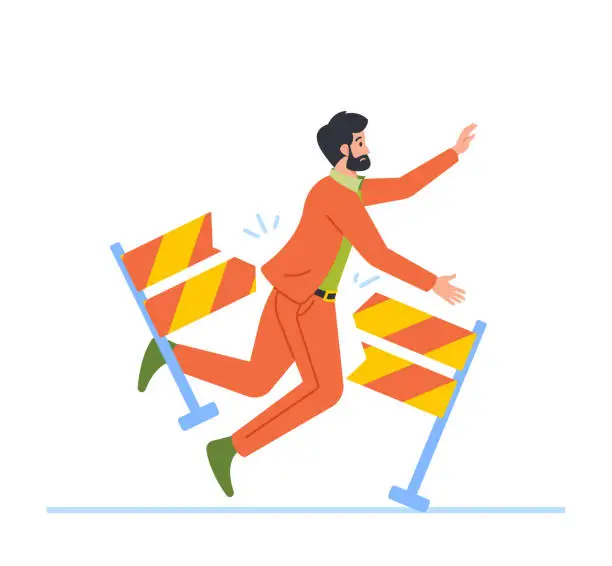 Vector illustration of Businessman Character Tripping Over An Obstacle While Racing. Setbacks And Challenges In Business World Illustration