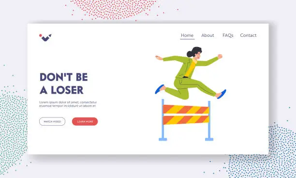 Vector illustration of Business Challenge Landing Page Template. Woman Character Running Obstacle Race Jumping over Barrier