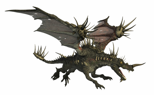 3d render of a spiky dragon in flight.