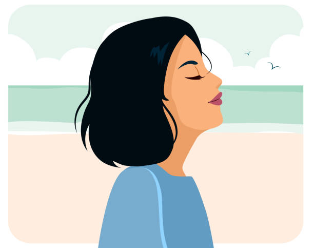 stockillustraties, clipart, cartoons en iconen met woman breathing fresh air relaxed on beach - breathing