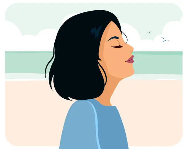 Vector illustration of Woman Breathing Fresh Air Relaxed On Beach