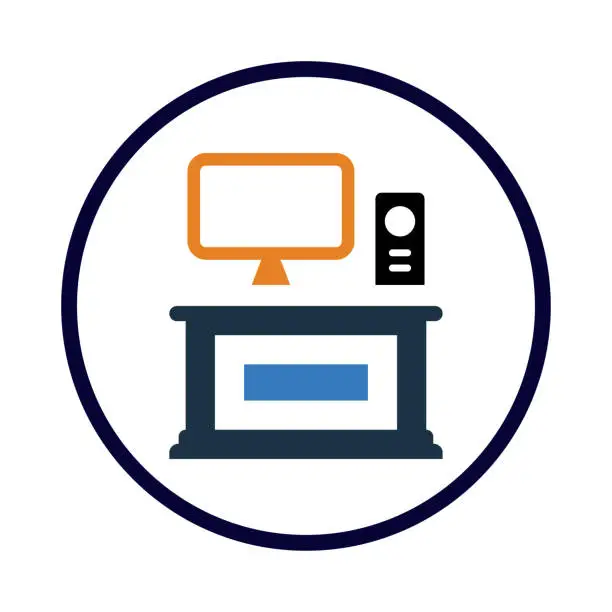 Vector illustration of computer, table, desk, computer desk icon