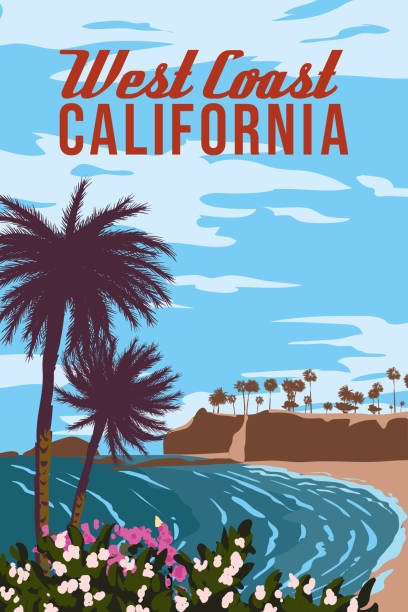 California West Coast retro travel poster, lLillustration vintage card