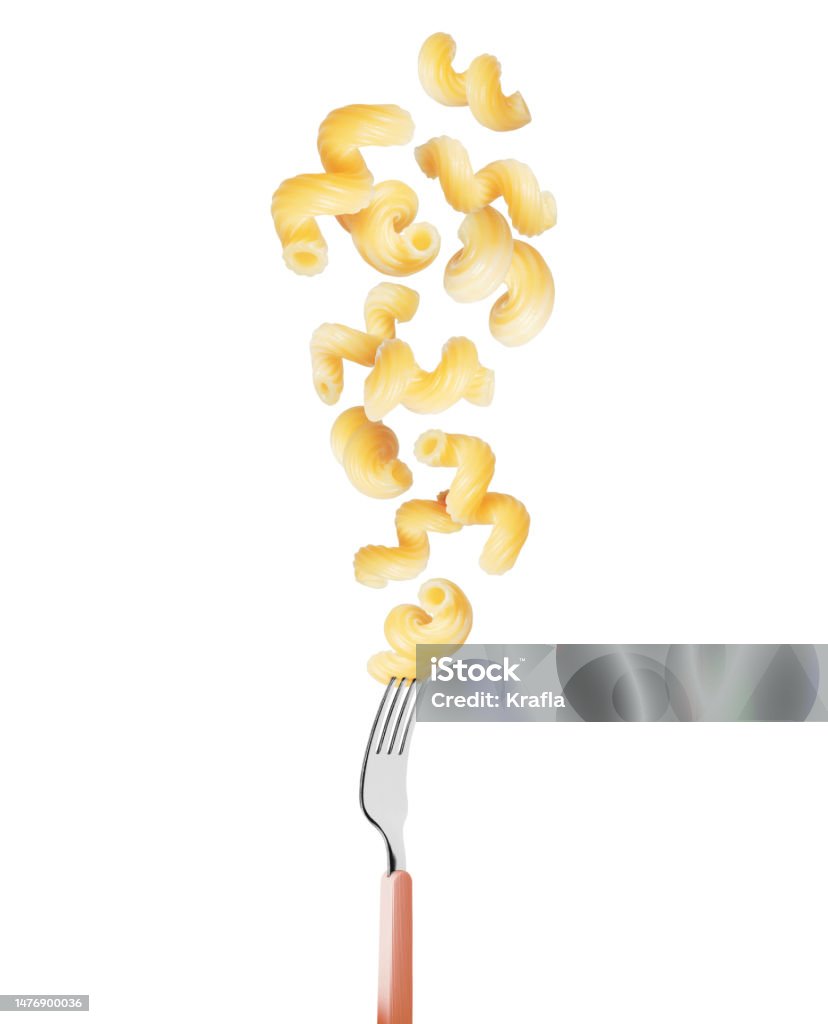 Macaroni in the air with fork isolated on a white background Macaroni Stock Photo