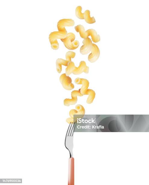 Macaroni In The Air With Fork Isolated On A White Background Stock Photo - Download Image Now