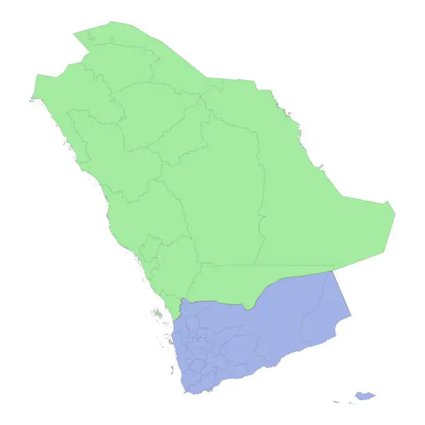 Vector illustration of High quality political map of Saudi Arabia and Yemen with borders of the regions or provinces.