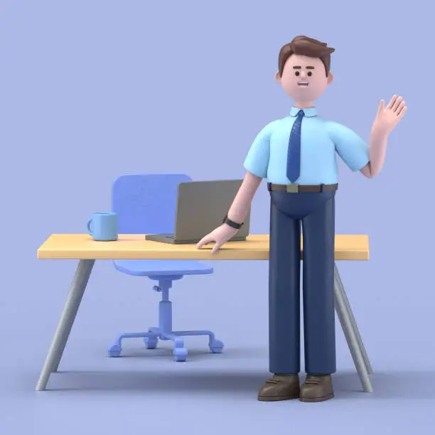 Photo of 3D Illustration of smiling Asian man Felix working on computer in workplace.3D rendering on blue background.