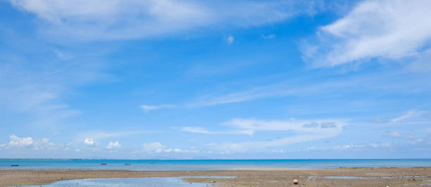 istock Panoramic view of clear blue sky and clouds, Blue sky background with tiny clouds. White fluffy clouds in the blue sky. 1476918954