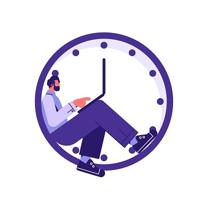 Time management concept. Illustration of a businessman working on a laptop inside the big clock