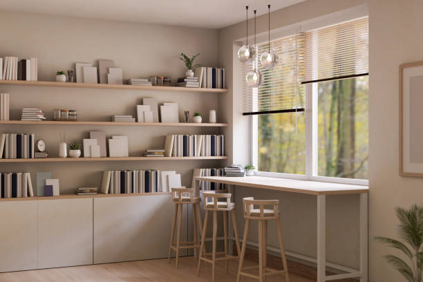 istock Beautiful minimal contemporary working room interior design with console table against the window 1476925499