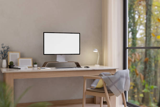 istock Minimalist white and cozy home workspace interior design with computer mockup 1476925507