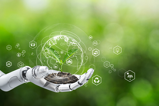 Sustainable development goal (SDGs) concept. Robot hand holding small plants with Environment icon. Green technology and Environmental technology.Artificial Intelligence and Technology ecology.esg