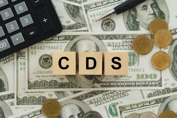 text CDS wrote on wooden cubes On top of the dollar bills. It is an abbreviation for credit default swap. a financial derivative that allows an investor to swap his credit risk.credit default swap