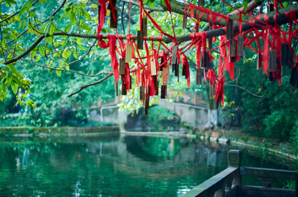 A blessing strip hanging from a tree in a park in Chengdu, China