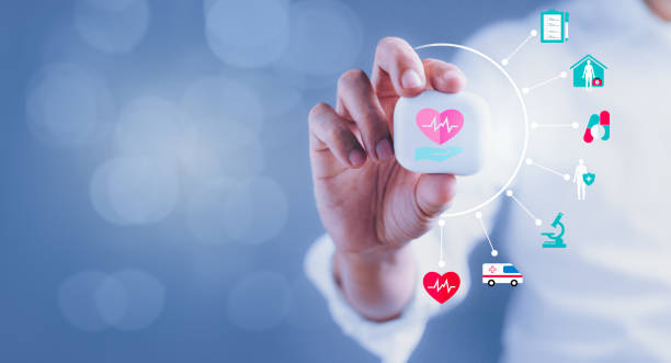 istock Businessman holding icon medical network with modern interface with copy space 1476928808