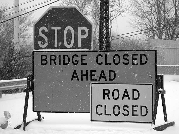 B&W Bridge Closed Ahead stock photo