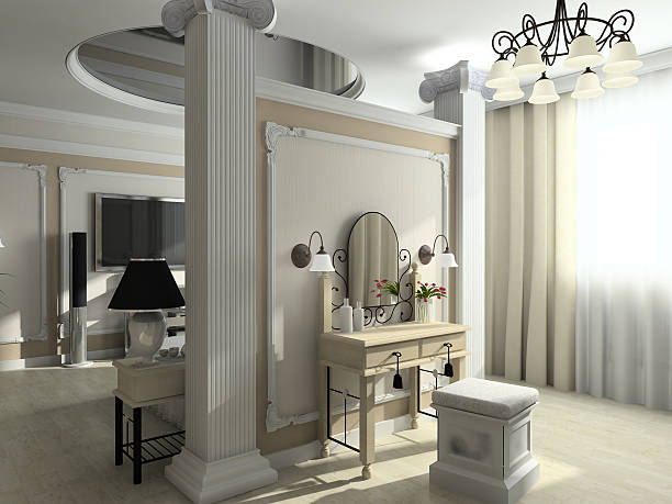 Interior Design scene with a white dresser, a soft rug on a wooden floor, oval wood wall mirror and wall lamp and decoration