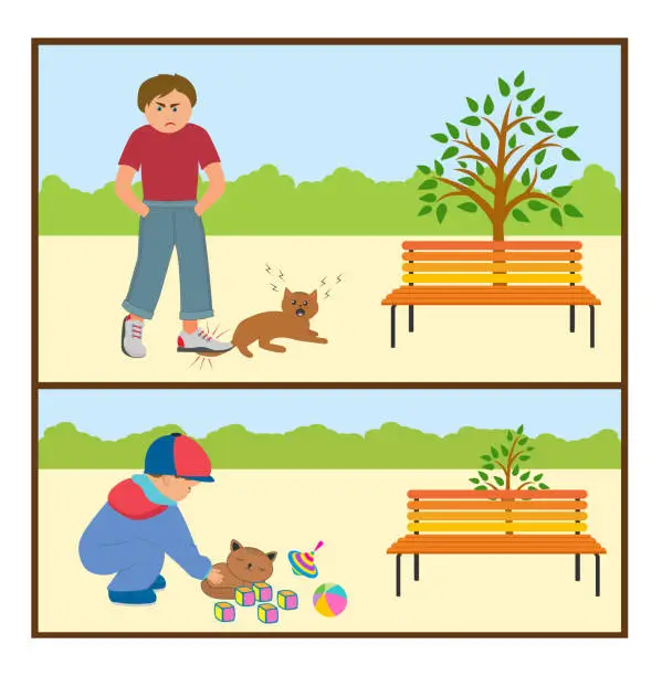 Vector illustration of Bad behavior of teenagers. But when he was little boy, he loved cats. Why did he become aggressive?