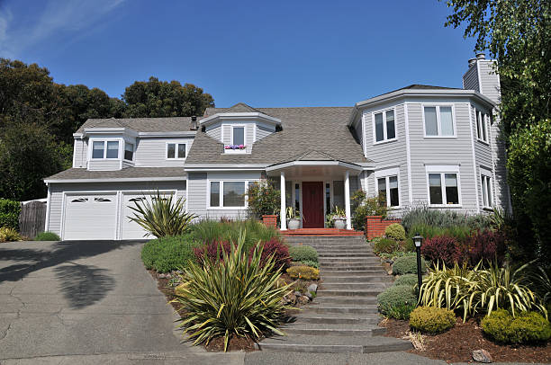 House with lots of entry steps stock photo