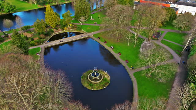 Aerial view of Fitzgerald Park in Cork city, riverside city park, green space inside the city, public park by the Lee River