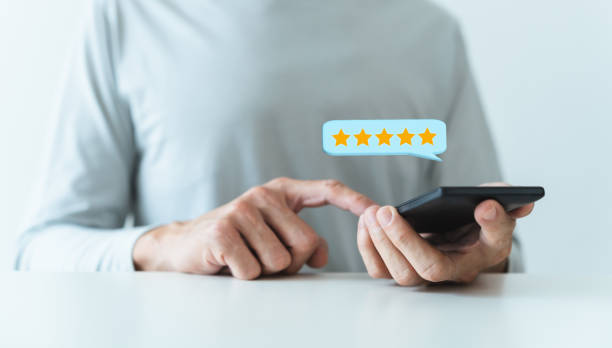 istock Happy customer or client review best product performance and excellent service quality feedback. Corporate or company positive reputation online survey, good evaluation rating and ranking 1476965515