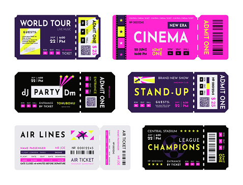 Concert or festival ticket. Event coupon design template. Cinema or music party entry pass. Soccer entrance. Rock DJ show. Access label with barcode and separated line. Vector bright modern flyers set