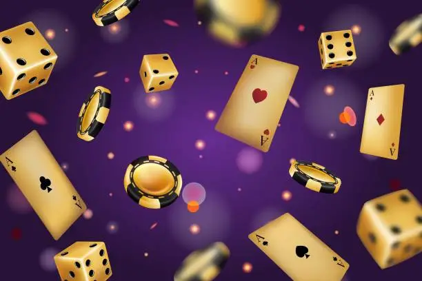 Vector illustration of Casino background. Golden poker chips. Black playing cards. Throw gambling dices. Falling money in gamble game. Gold bet or blackjack ice. Vegas entertainment. Vector realistic illustration