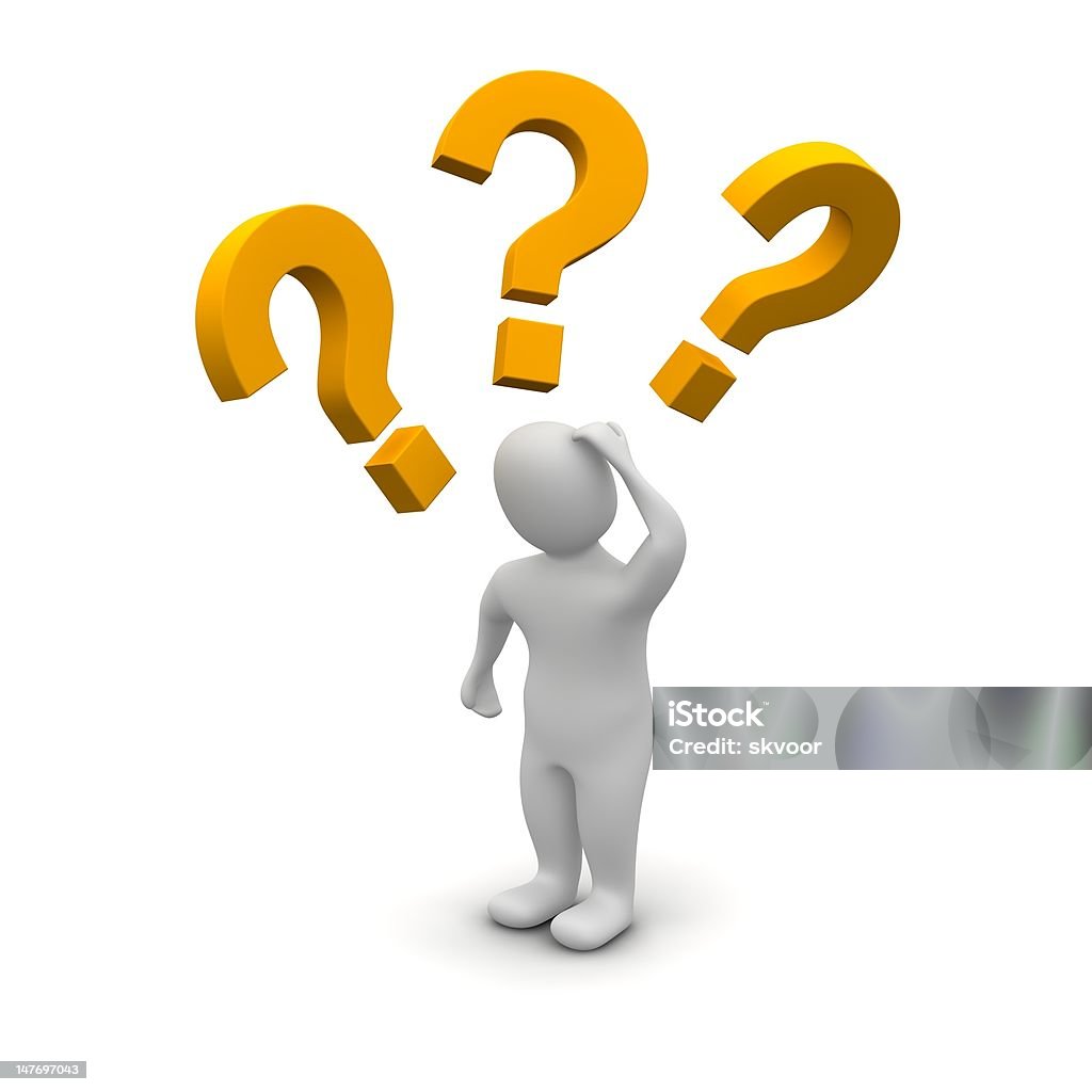 Thinking man and question marks Thinking man and question marks. 3d rendered illustration. Adult Stock Photo