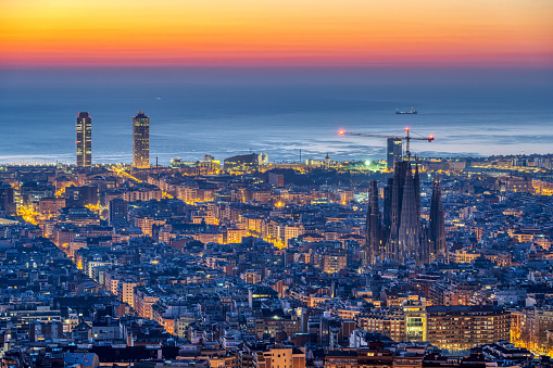 The skyline of Barcelona before sunrise
