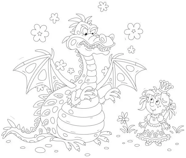 Vector illustration of Hungry dragon and little princess