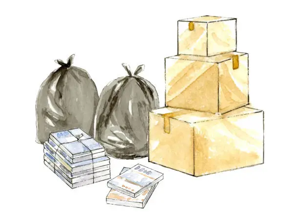 Vector illustration of Cardboard boxes,garbage bags and used books psinted by watercolor