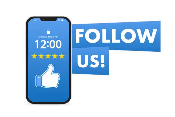 Vector illustration of Follow us thumb on smartphone. Banner for business, social media design concept, marketing. Banner for mobile applications. Phone interface. Vector illustration