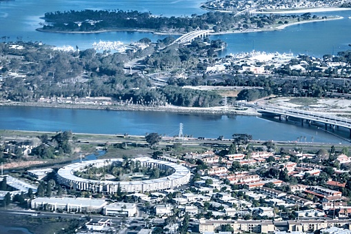 San Diego condominiums with San Diego River and San Diego bay bridges in background