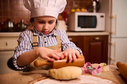 Adorable Caucasian 5-6 years child girl, little chef confectioner in cook uniform, standing at kitchen island and using rollin pin, rolls out dough on floured wooden board, prepares Easter gingerbread