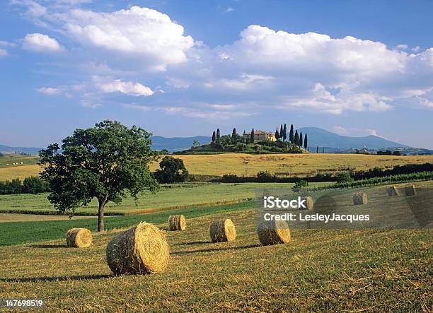 Toskanische Landschaft Mit Heu Bales Stockfoto und mehr Bilder von Agrarbetrieb - Agrarbetrieb, Anhöhe, Bauernhaus