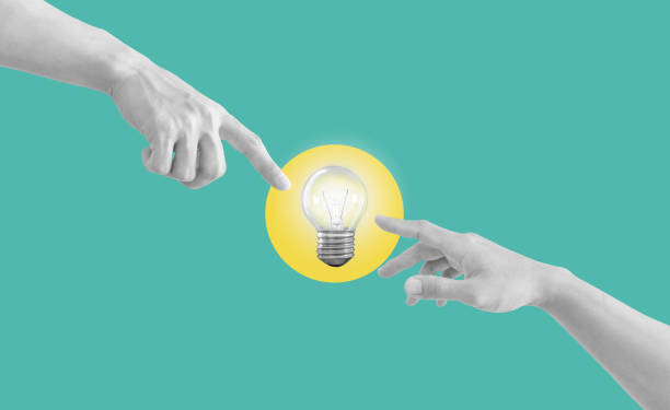 istock Digital collage, Hand reaching to glowing light bulb. Ideas, power, and energy concept 1476985415