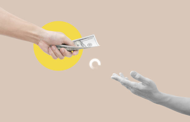 istock Digital collage modern art. Hand giving and receiving money, with loading icon 1476985421