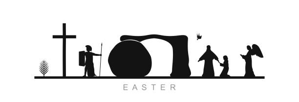 Easter icon set. Easter, set of icons on a white background. A palm branch, a cross, a Roman soldier, a cave, Jesus Christ, Mary and an angel. thorn wreath stock illustrations