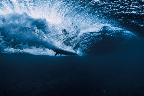istock Wave underwater and surfer ride on surfboard in ocean. Underwater crashing wave and surfboard in transparent water 1476985852